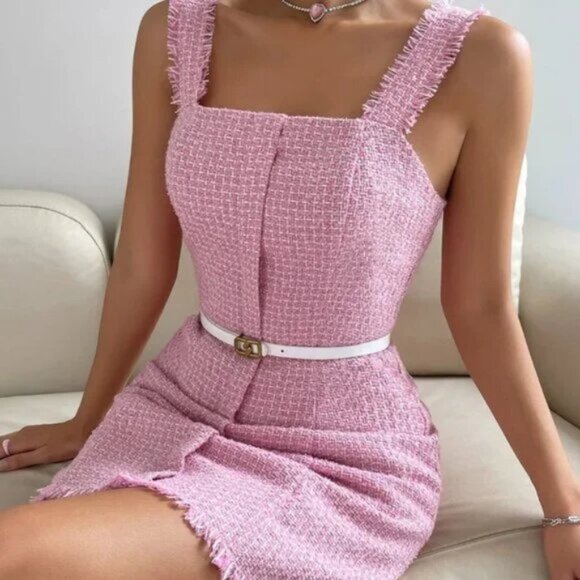 PINK TWEED MINI DRESS CHIC CLASSY - Picture 1 of 5